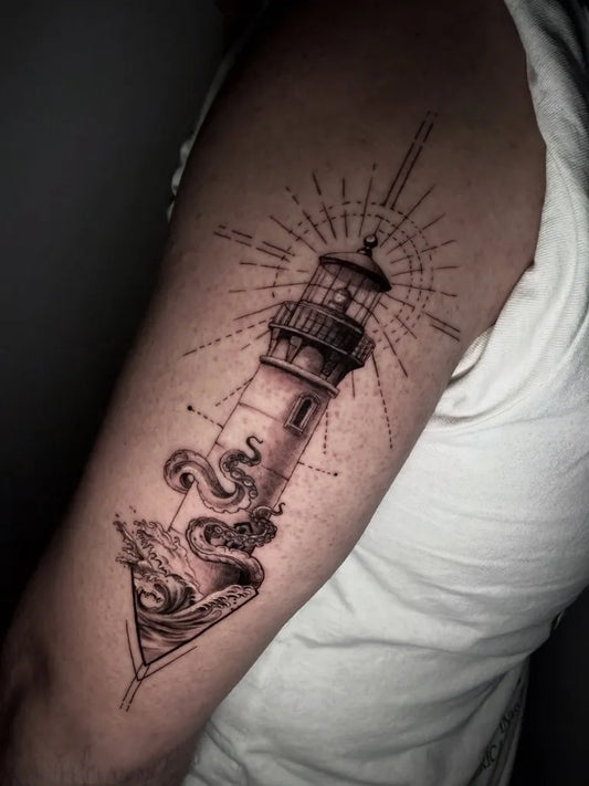 Big Blackwork Lighthouse Octopus Waves Tattoo on Men Arm by @leachammastattoos