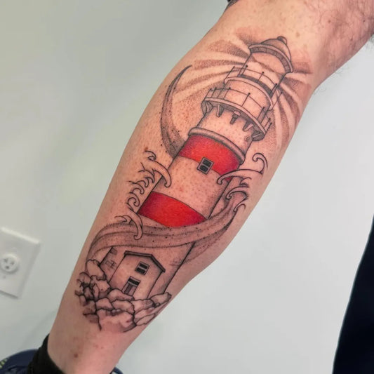 Big Blackwork Lighthouse Waves Tattoo on Men Arm by @_flavink