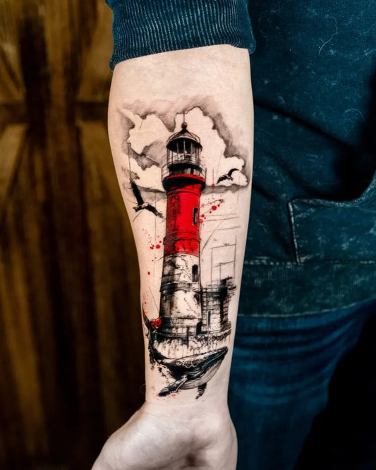 Big Blackwork Lighthouse and Whale Tattoo on Men Arm by @cinarts