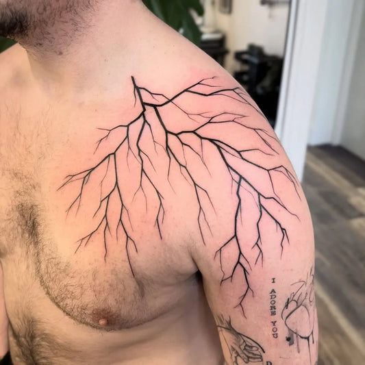Big Blackwork Lightning Branches Tattoo on Men Shoulder by @11____13