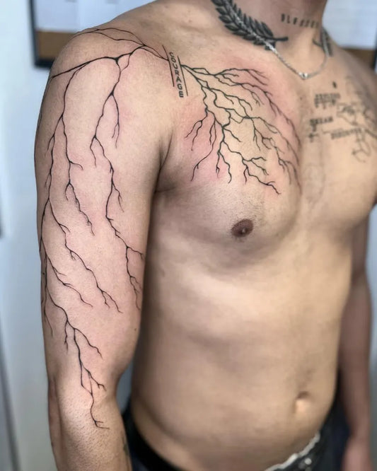 Big Blackwork Lightning Branches Tattoo on Men Shoulder by @inkbyabril