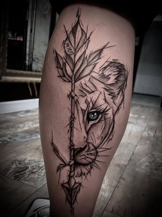 Big Blackwork Lion Arrow Leaves on Women Leg Tattoo by @lw_aerotattoo