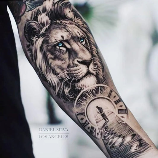 Big Blackwork Lion Clock Silhouette on Men Forearm Tattoo by @tattocastle