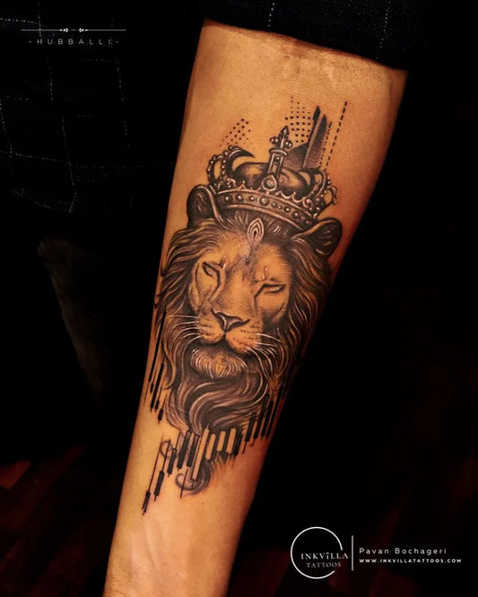 Big Blackwork Lion Crown on Men Arm Tattoo by @inkvilla_tattoos_hub