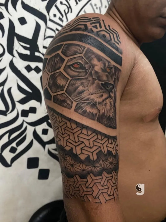 Big Blackwork Lion Geometric Patterns on Men Arm Tattoo by @galaxytattoobekasi
