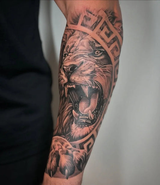 Big Blackwork Lion GreekKey on Men Arm Tattoo by @mattdaviestattooart