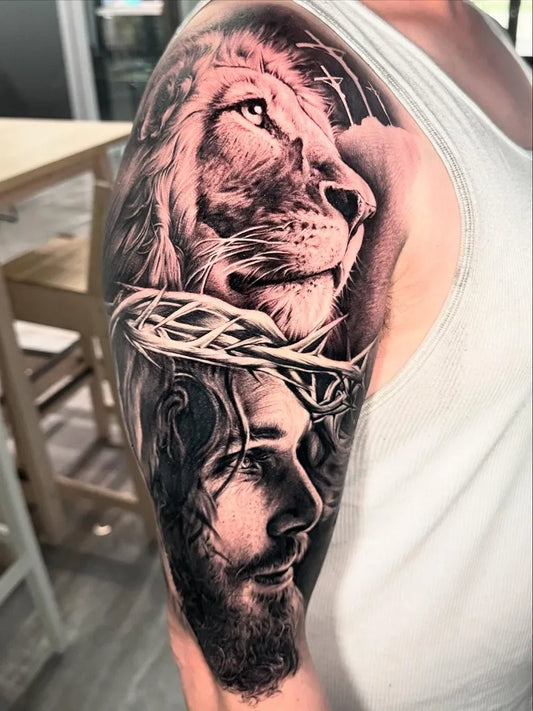 Big Blackwork Lion Jesus Crown of Thorns on Men Arm Religious Tattoo by @adansanchezink