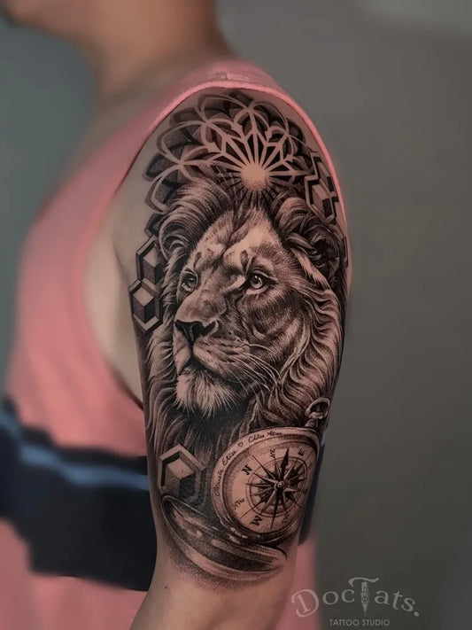 Big Blackwork Lion Mandala Compass on Men Arm Tattoo by @doctats_