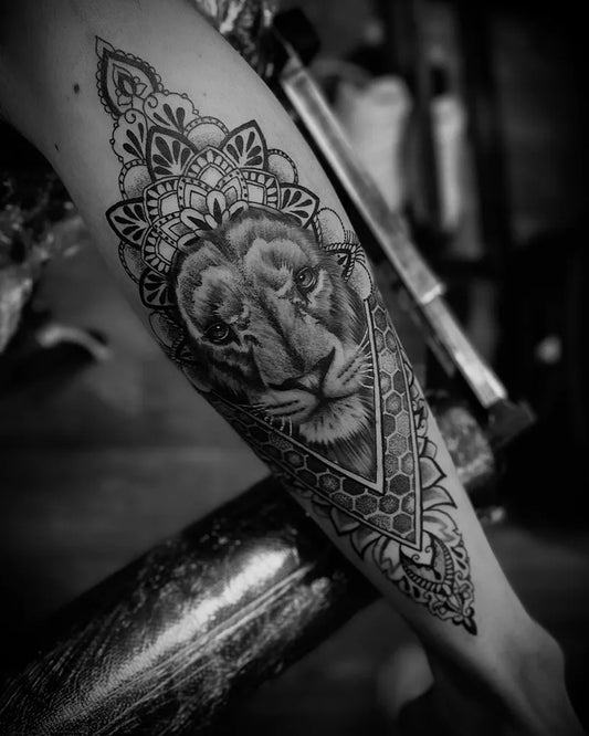 Big Blackwork Lion Mandala Tattoo on Women Calf by @mario_tats