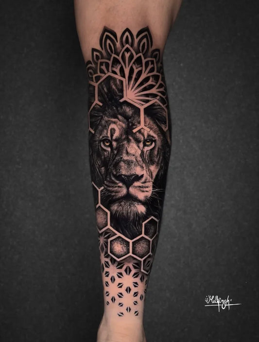 Big Blackwork Lion Mandala on Men Leg Tattoo by @_msingh_tattooz_