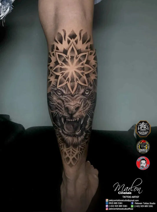 Big Blackwork Lion Mandala on Men Leg Tattoo by @palawantattoostudioofficial