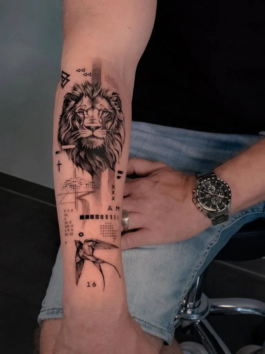 Big Blackwork Lion Swallow Geometry on Men Arm Tattoo by @tinascka.tt