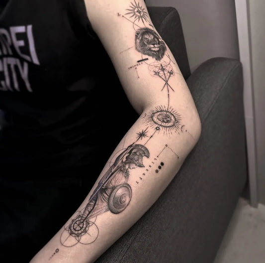 Big Blackwork Lion Warrior Geometric Tattoo on Women Arm by @luoyo_tattoo