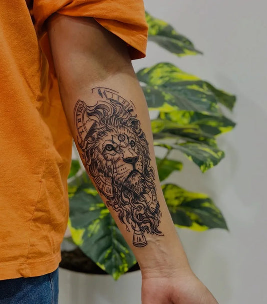 Big Blackwork Lion on Men Arm Tattoo by @blessedink.tattoos