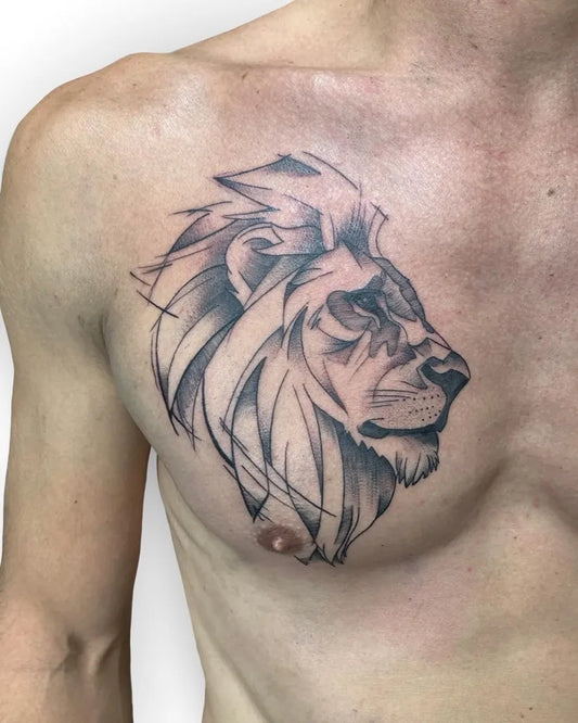 Big Blackwork Lion on Men Chest Tattoo by @eribaumi_ink