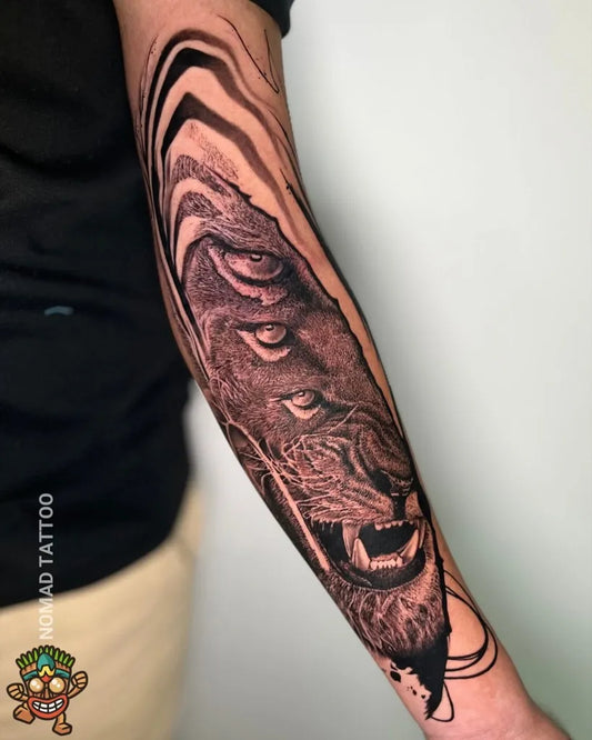 Big Blackwork Lion with Eyes on Men Arm Tattoo by @nomadtattooindia