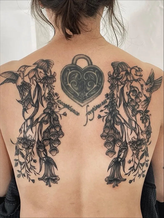 Big Blackwork Lock Hummingbirds Flowers on Women Back Tattoo by @p.aige.short