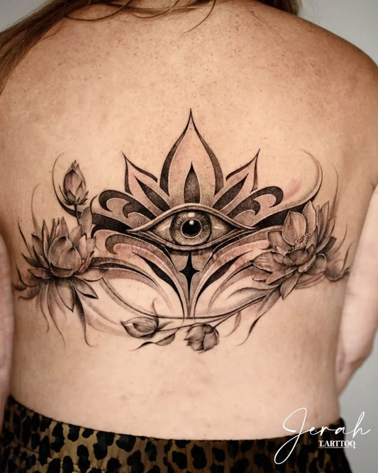 Big Blackwork Lotus Flower Eye on Women Back Tattoo by @t.arttoo_jerah