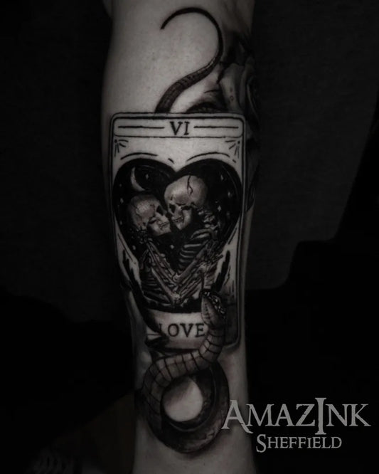 Big Blackwork Lovers Skeleton Tattoo on Men Leg by @amazink.tattoo.sheffield