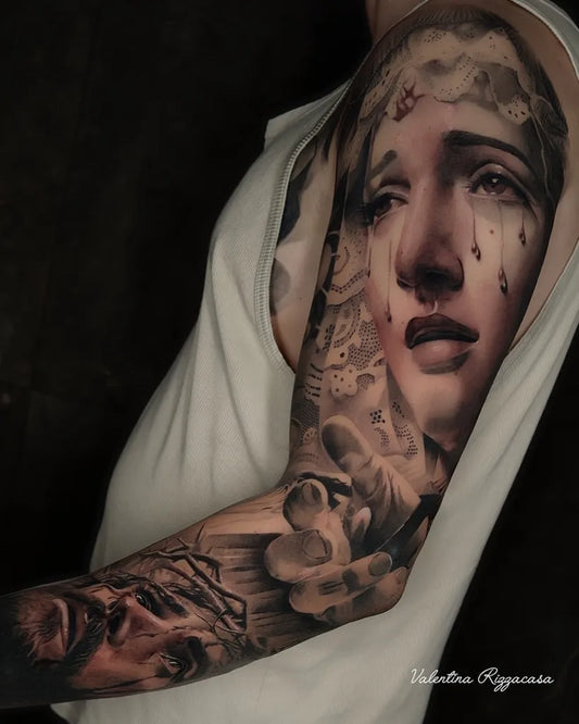 Big Blackwork Madonna Jesus on Men Arm Religious Tattoo by @valentina_rizzacasa