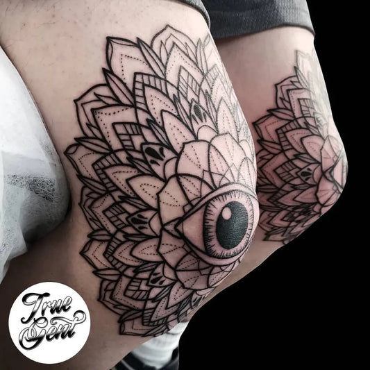 Big Blackwork Mandala Eye Tattoo on Women Knee by @truegenttattoosupplies