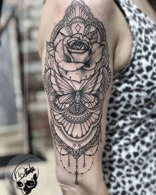 Big Blackwork Mandala Rose Butterfly Tattoo on Women Upper Arm by @marksandpunctures