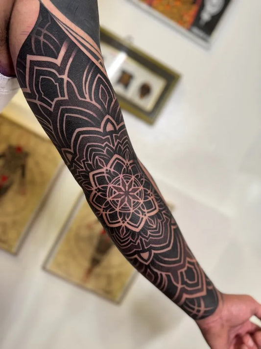 Big Blackwork Mandala Tattoo on Men Arm by @rebecca_zombie_tattoo