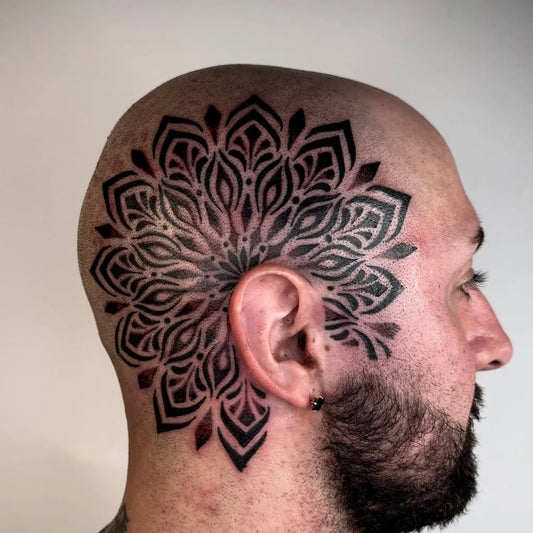 Big Blackwork Mandala Tattoo on Men Head by @alycat.tattoos