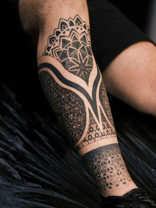 Big Blackwork Mandala Tattoo on Men Leg by @shaman_ink_tattoo