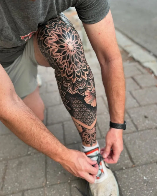 Big Blackwork Mandala Tattoo on Men Thigh by @fleur.tattoos