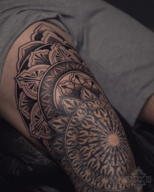 Big Blackwork Mandala Tattoo on Men Thigh by @kunstwerk.chelle