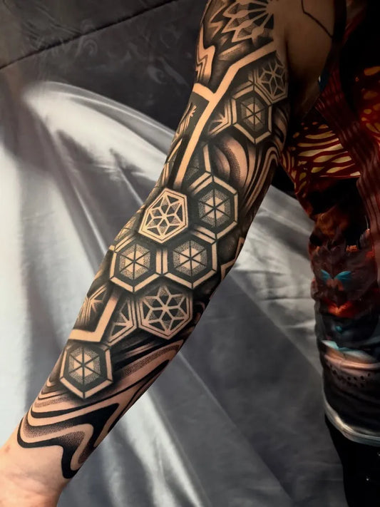Big Blackwork Mandala and Geometric Patterns Tattoo on Women Arm by @domjoeltattoo