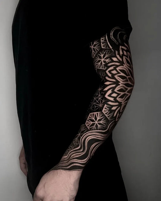 Big Blackwork Mandala and Geometric Tattoo on Men Arm by @kelly23_tattoo