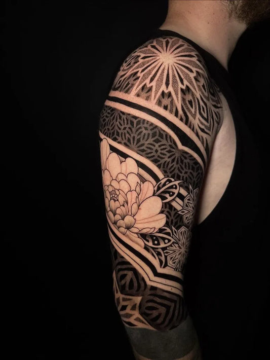 Big Blackwork Mandala and Peony Tattoo on Men Shoulder by @piri.green.tattoos