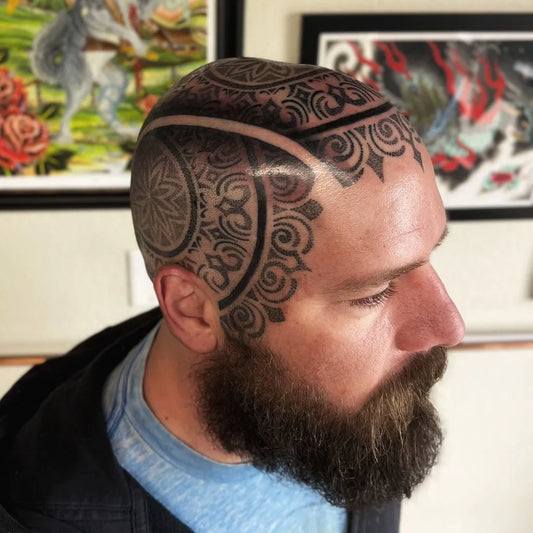 Big Blackwork MandalaTattoo on Men Head by @jake_scrivner