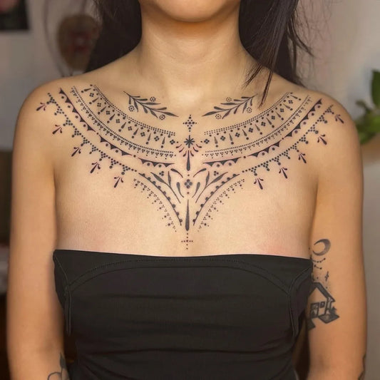 Big Blackwork MandalaTattoo on Women Collarbone by @jadejay.ink