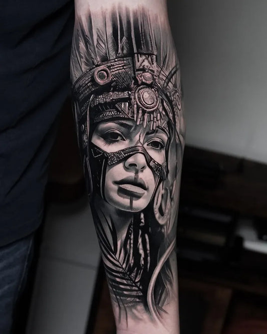 Big Blackwork Masked Woman on Men Arm Tattoo by @jodieglovertattoos