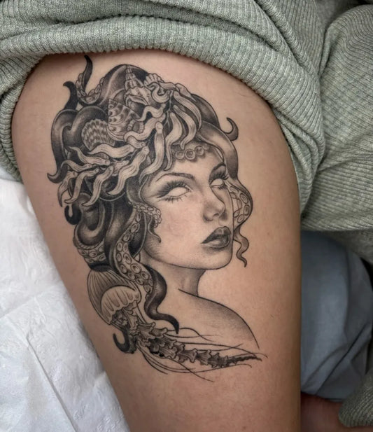 Big Blackwork Medusa Octopus Jellyfish on Women Thigh Tattoo by @kinseymillertattoo