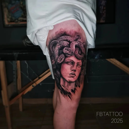 Big Blackwork Medusa Snakes Face on Men Thigh Tattoo by @fernandobtattoo
