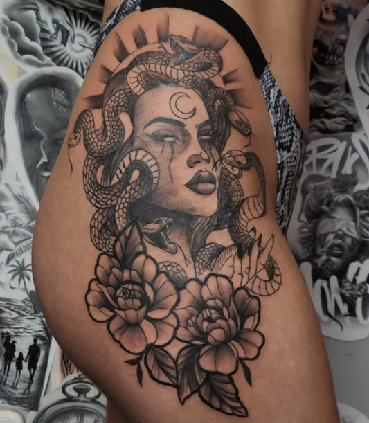 Big Blackwork Medusa Snakes Roses on Women Thigh Tattoo by @raresalexxandru