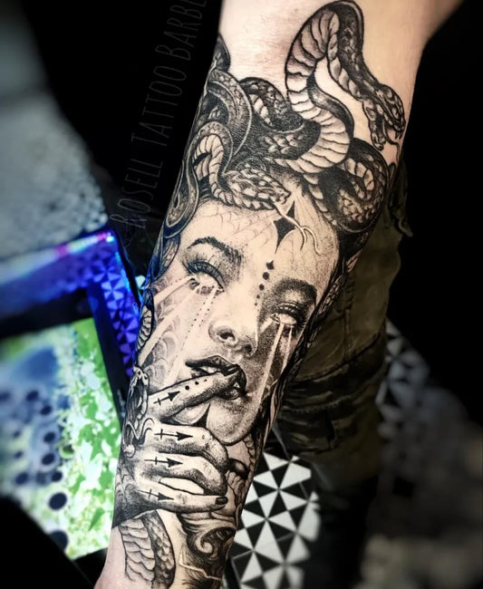 Big Blackwork Medusa Snakes Woman on Arm Tattoo by @roselltattoo
