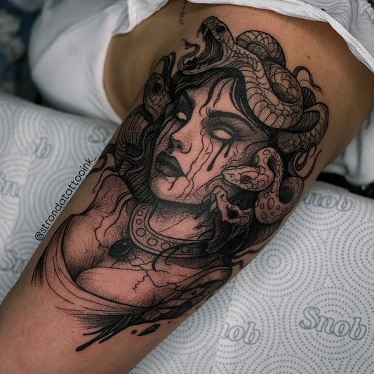 Big Blackwork Medusa Snakes Women Arm Tattoo by @strondatattooink_