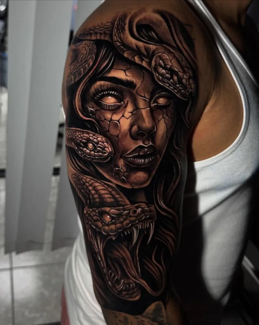 Big Blackwork Medusa Snakes on Men Arm Tattoo by @juan_juanrdz