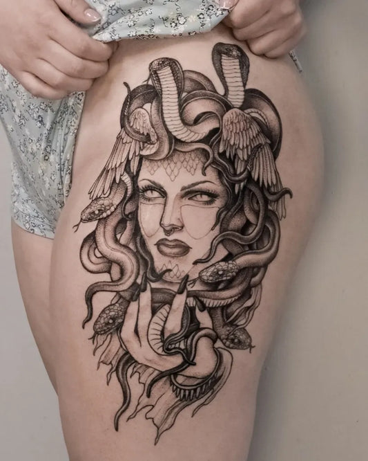 Big Blackwork Medusa Snakes on Women Thigh Tattoo by @crst_tattoo