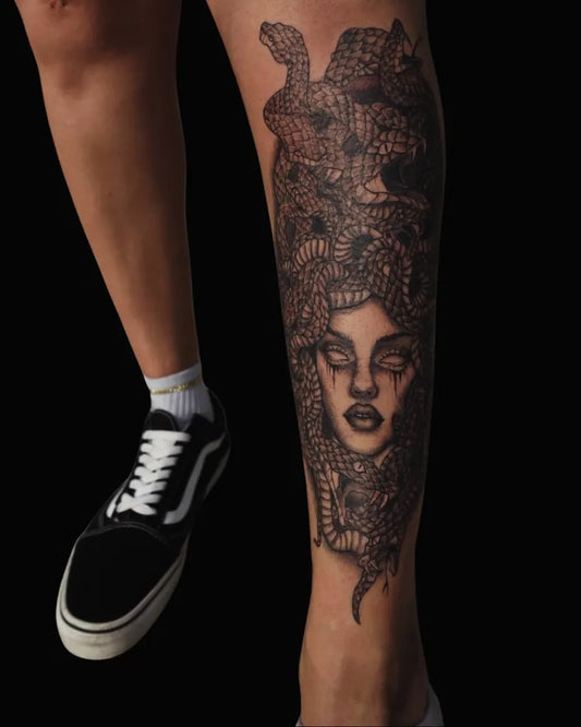 Big Blackwork Medusa Snakes on Women Thigh Tattoo by @lanaslines