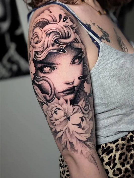 Big Blackwork Medusa and Flowers on Women Arm Tattoo by @_ash_tattoo