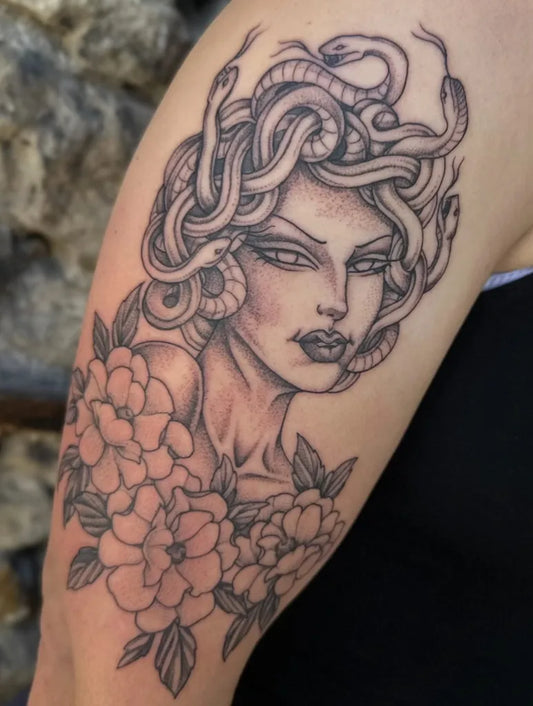 Big Blackwork Medusa and Gardenias on Women Arm Tattoo by @eshannontattoo