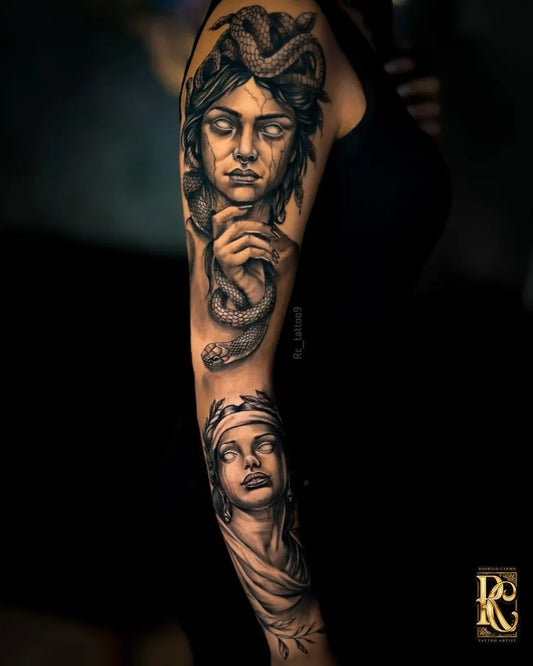 Big Blackwork Medusa and Snake on Women Arm Tattoo by @rc_tattoo9