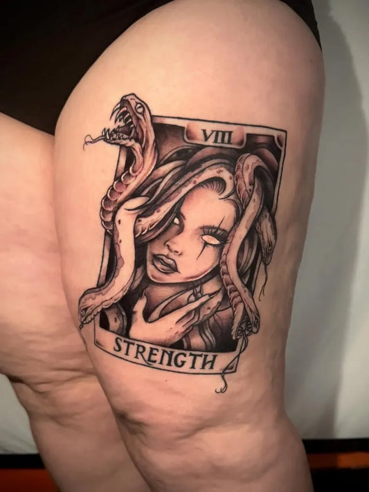 Big Blackwork Medusa and Snake on Women Thigh Tattoo by @broken_bat_ink