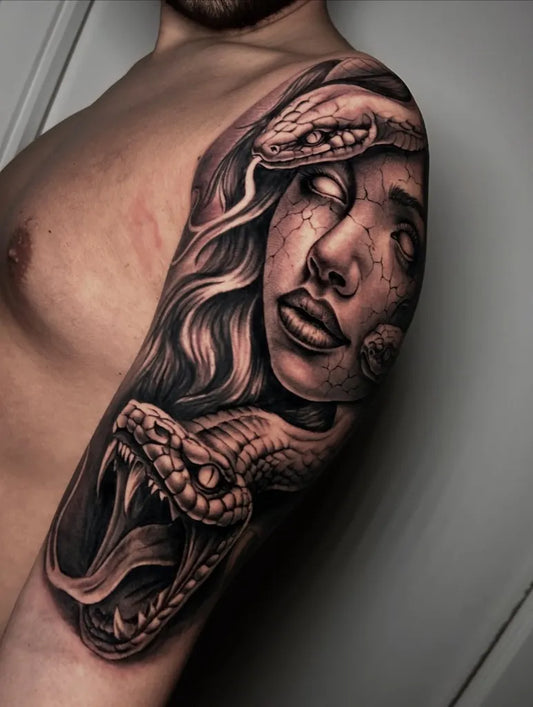 Big Blackwork Medusa and Snakes on Men Arm Tattoo by @gore.36
